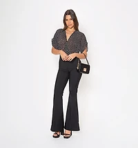 Flared Jumpsuit with Short Bell Sleeves and Fabric Combination