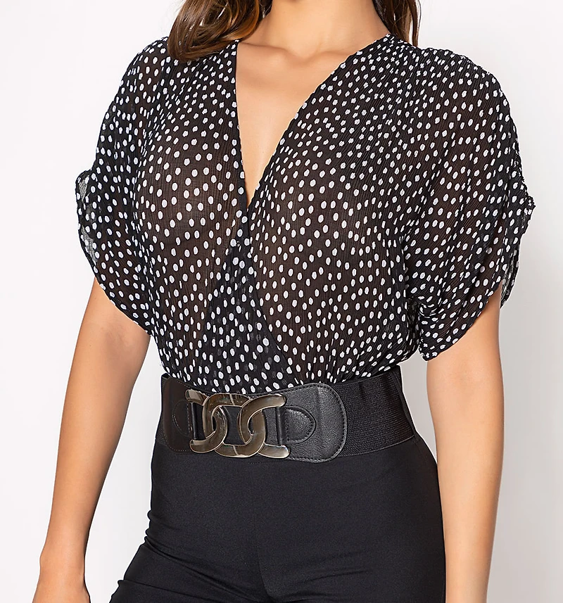 Flared Jumpsuit with Short Bell Sleeves and Fabric Combination