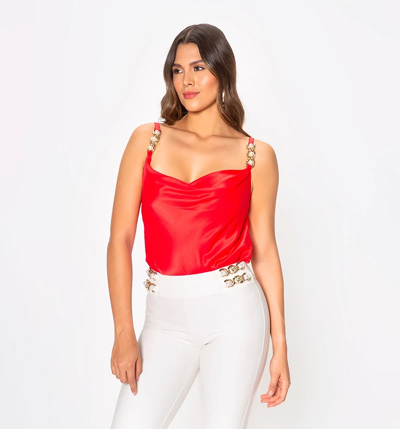 Strap Bodysuit with Cowl Neck