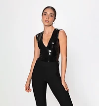 Vinyl Bodysuit With V-Neckline And Sleeveless Design