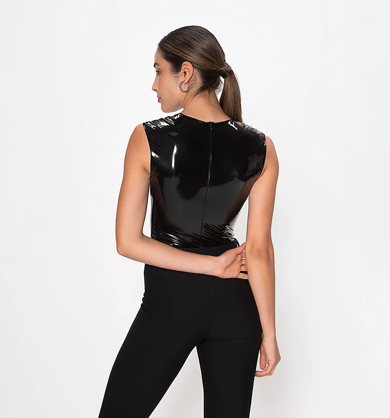 Vinyl Bodysuit With V-Neckline And Sleeveless Design