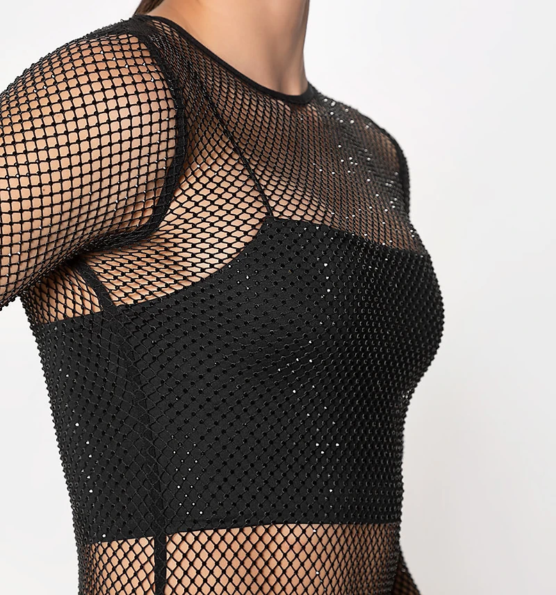 M/L mesh bodysuit with tone-on-tone hot fix