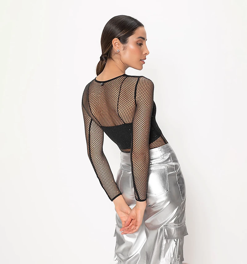 M/L mesh bodysuit with tone-on-tone hot fix