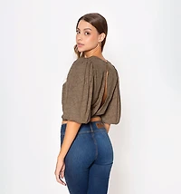 3/4 sleeve blouse with drawstring and back slit