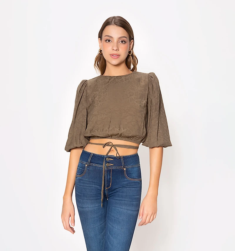 3/4 sleeve blouse with drawstring and back slit