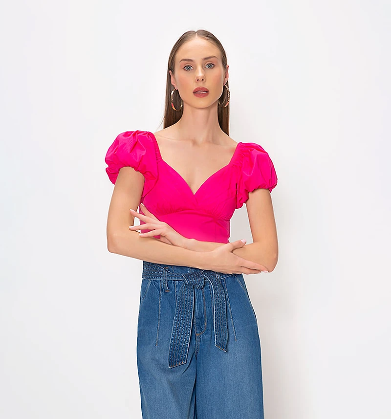 Short Bell Sleeve Blouse with Pintucks