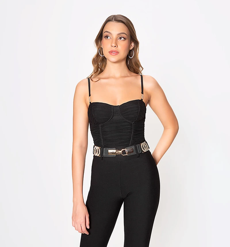 Corset Style Crop Top with Golden Crystal Embellished Straps