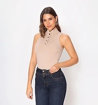 Turtle Neck Sleeveless Blouse with Buttons