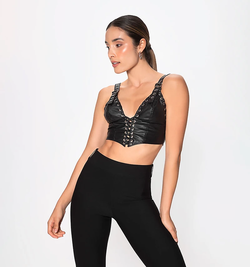 Spaghetti strap top with corset-style buckle