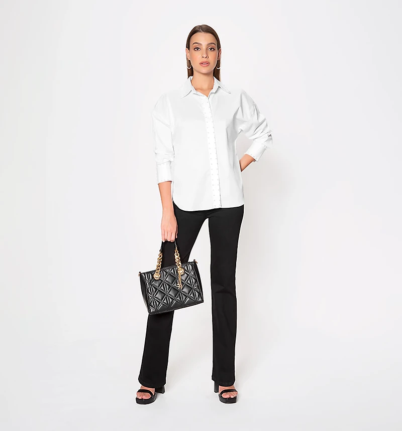 Blouse With Pearls Around The Collar And Long Sleeves