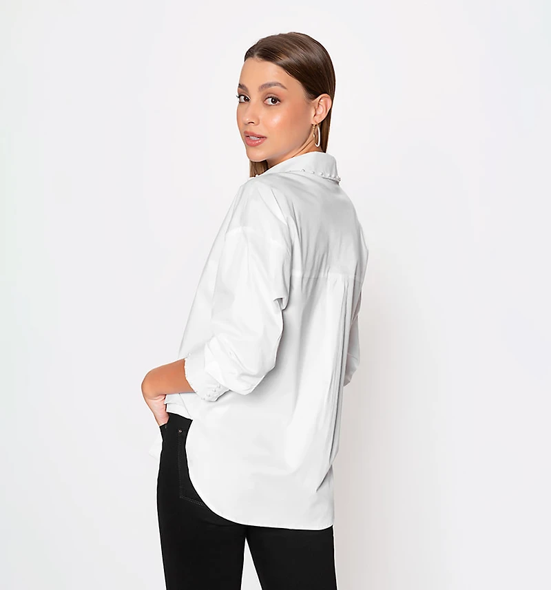 Blouse With Pearls Around The Collar And Long Sleeves