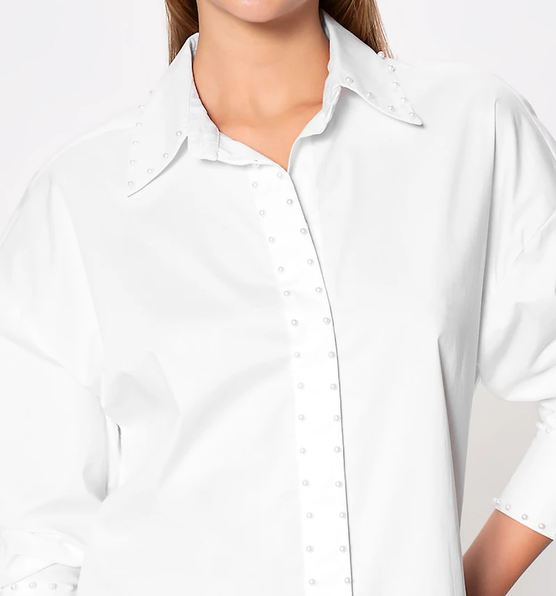Blouse With Pearls Around The Collar And Long Sleeves