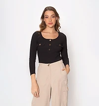 Long-Sleeved Woven Blouse With Front Flaps