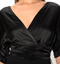 Short Sleeve Blouse with Crossed Front and Strappy Back Detail