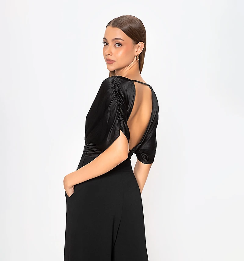 Short Sleeve Blouse with Crossed Front and Strappy Back Detail