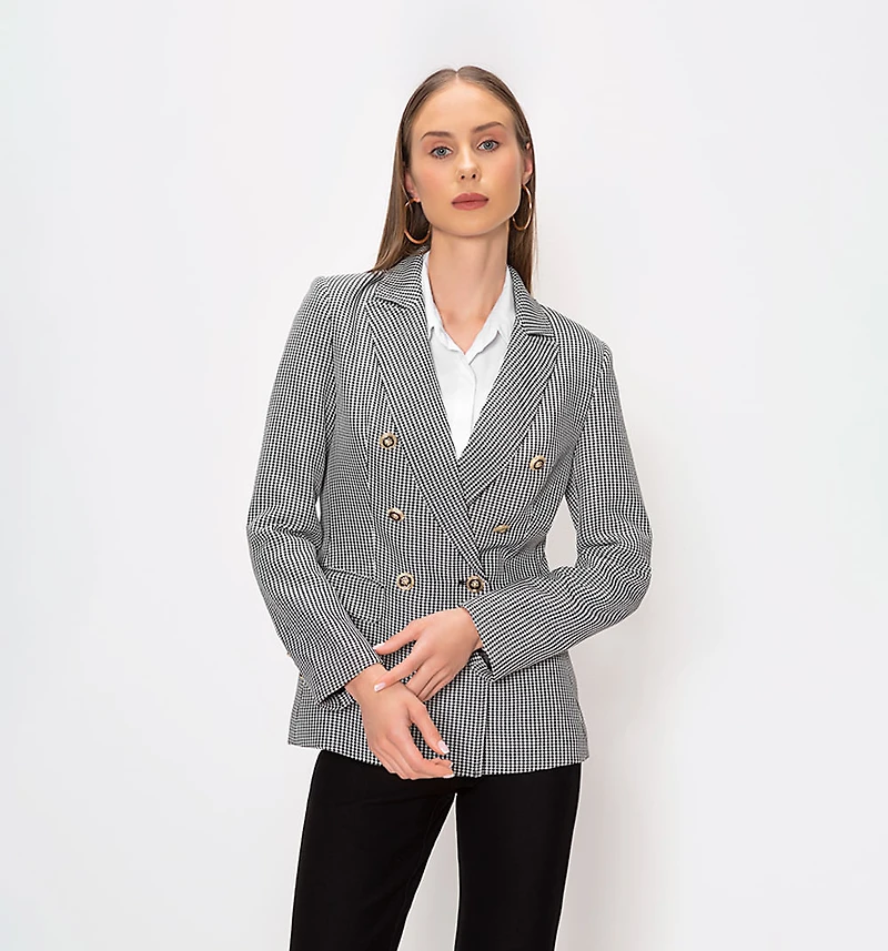 Houndstooth Blazer with Notched Lapel and Buttons