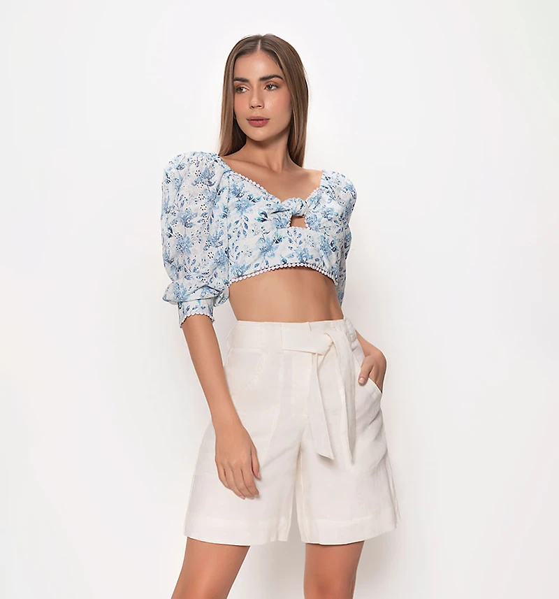 3/4 SLEEVE CROP TOP WITH BACK TIE