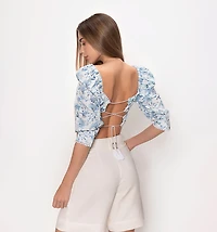 3/4 SLEEVE CROP TOP WITH BACK TIE