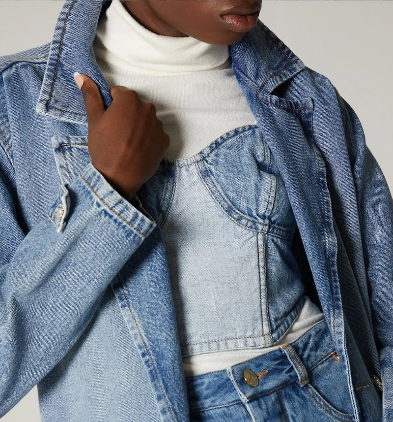 CROP TOP BLOUSE WITH STRAPS, CUPS, DENIM BLOCK