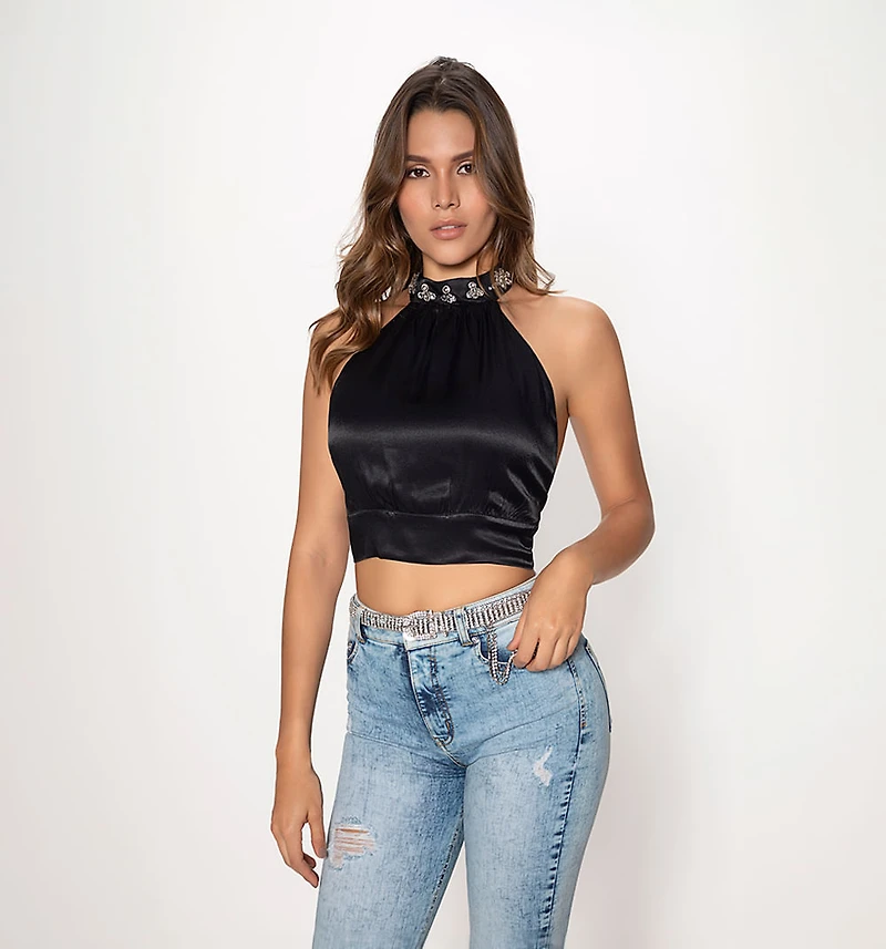 CROP HALTER BLOUSE WITH BACK TIE