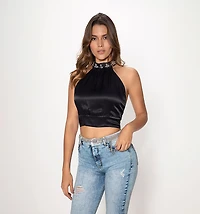 CROP HALTER BLOUSE WITH BACK TIE
