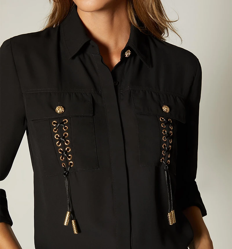 Long Sleeve Blouse with Hidden Placket Pocket
