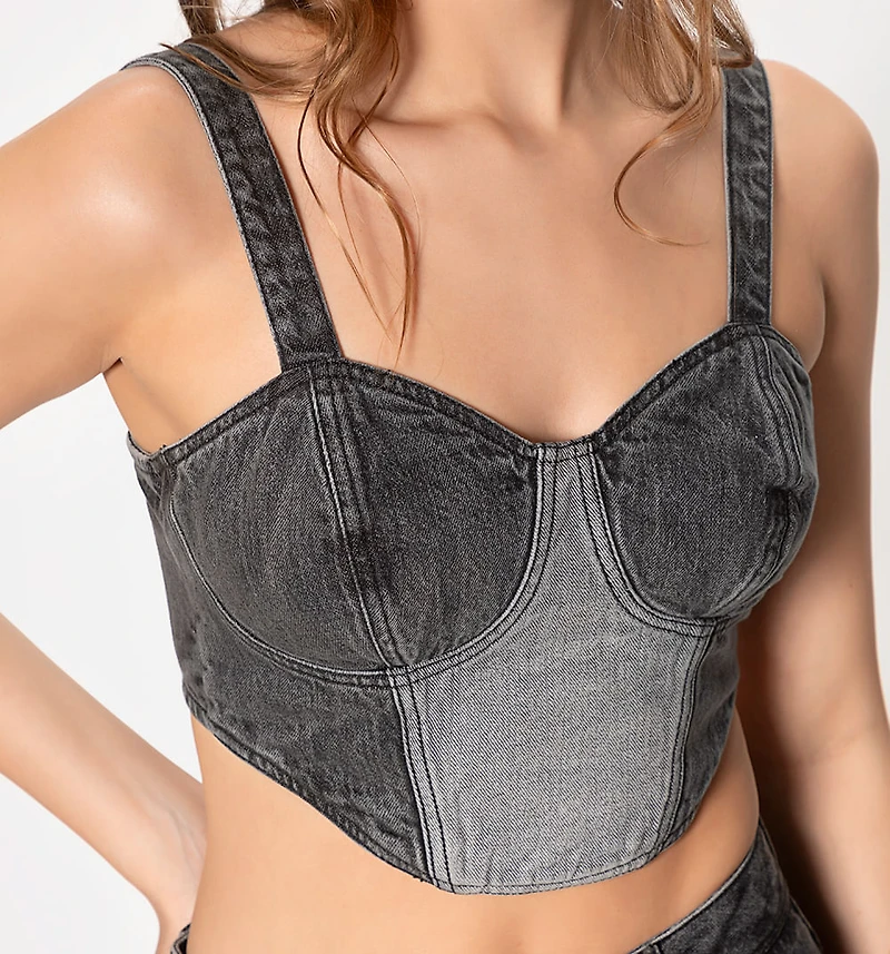 Crop Top Blouse, Straps, Cups, Denim Block