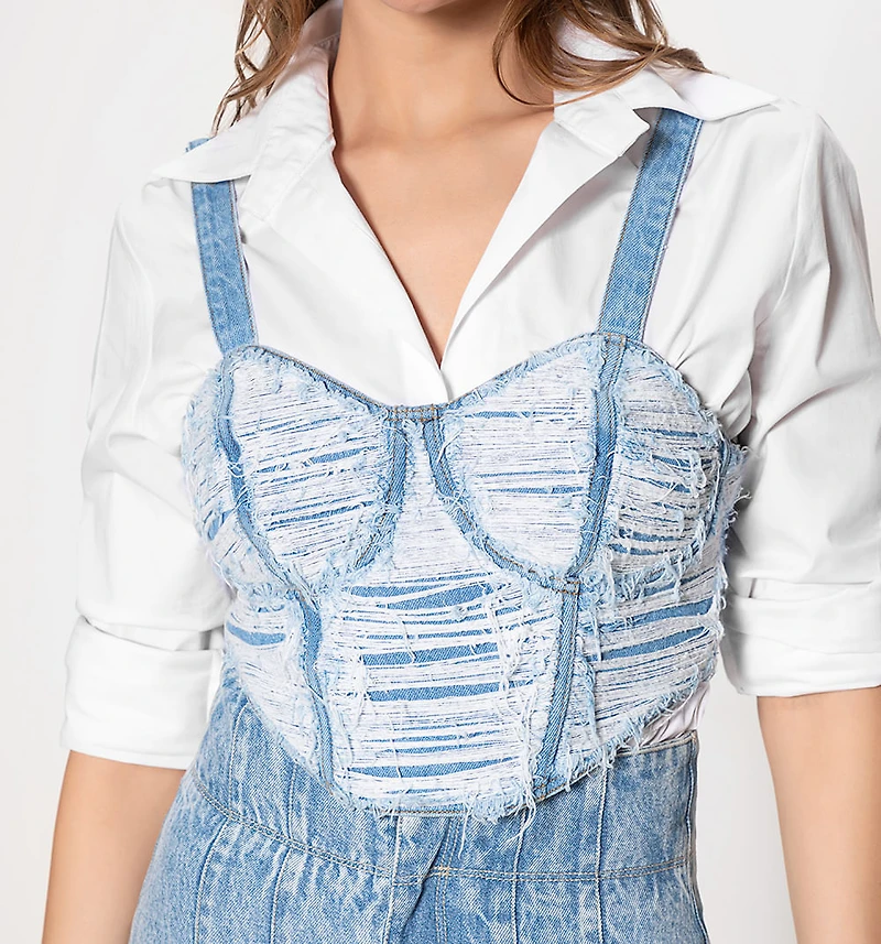 DENIM CROP TOP WITH CUPS AND DISTRESSED