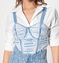 DENIM CROP TOP WITH CUPS AND DISTRESSED
