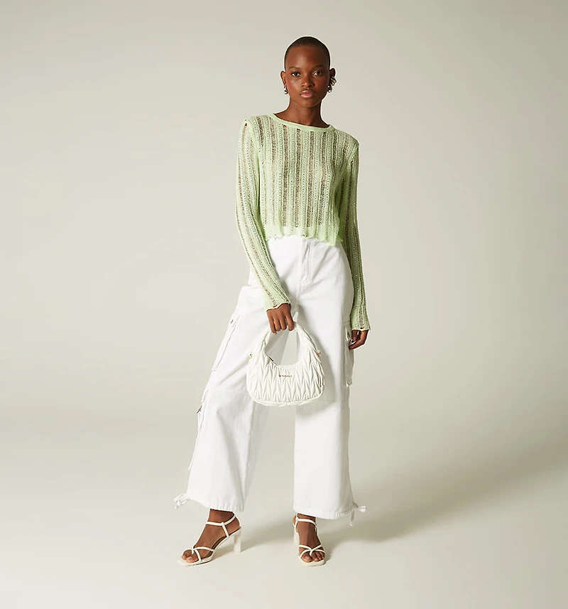 Sweater knit eyelet pattern with hot F