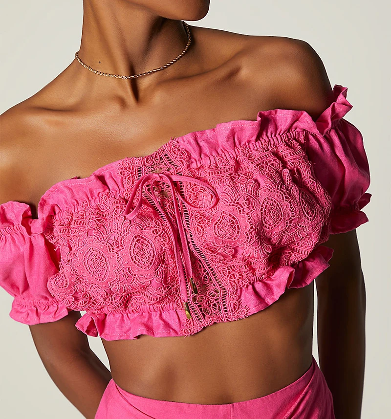 Short Sleeve Crop Top with Lace Front