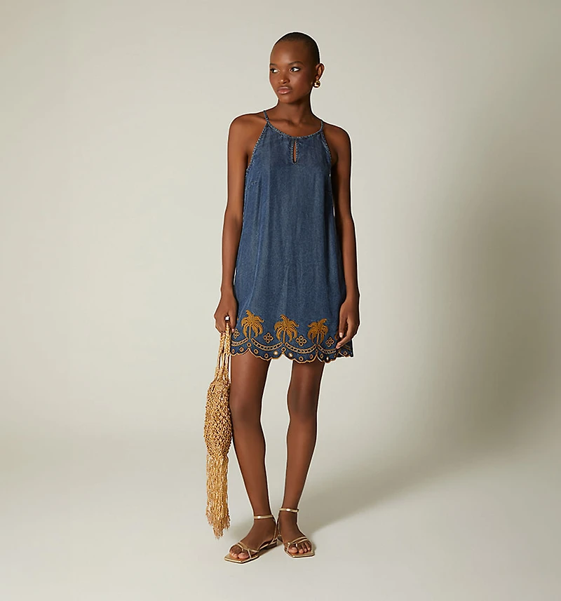 SHORT SLEEVELESS DRESS WITH EMBROIDERY ON FRONT