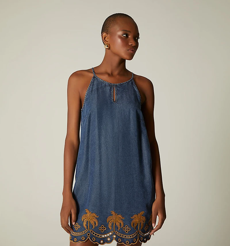 SHORT SLEEVELESS DRESS WITH EMBROIDERY ON FRONT