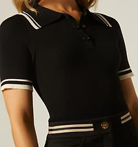 Polo-style blouse with piping on sleeves and neck