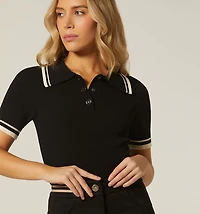 Polo-style blouse with piping on sleeves and neck