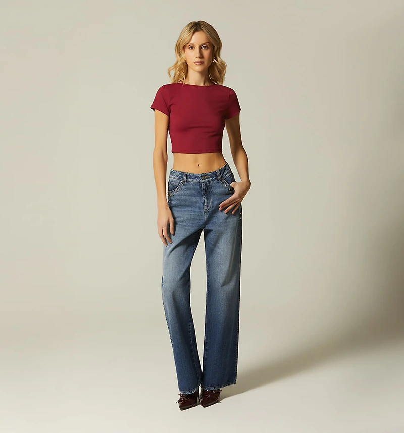 Crop Blouse Short Sleeve Back Neckline