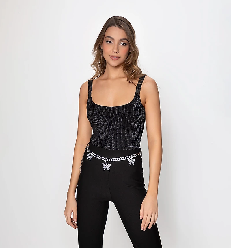 Strappy Bodysuit With Insert Detail And Scoop Neck