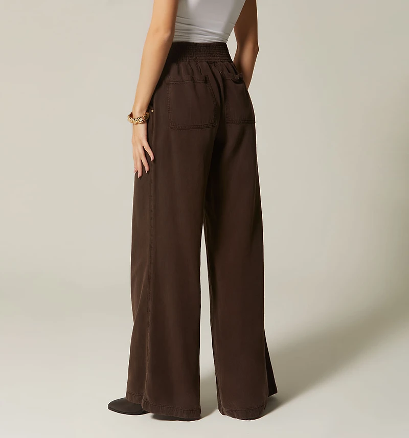 HIGH WAIST PALAZZO JEANS WITH RUCHING WAISTBAND