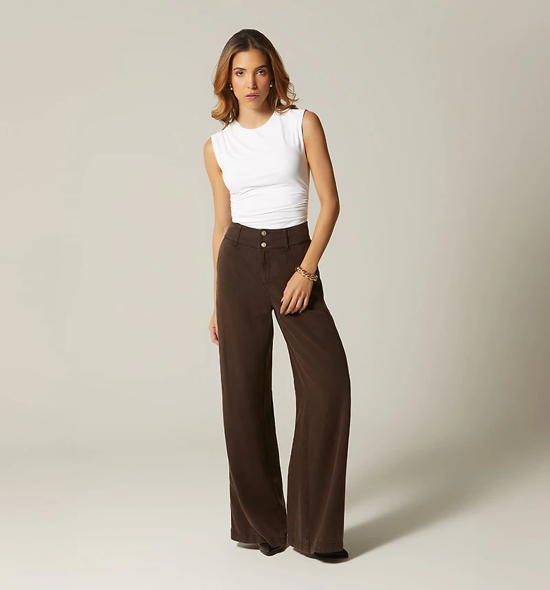 HIGH WAIST PALAZZO JEANS WITH RUCHING WAISTBAND