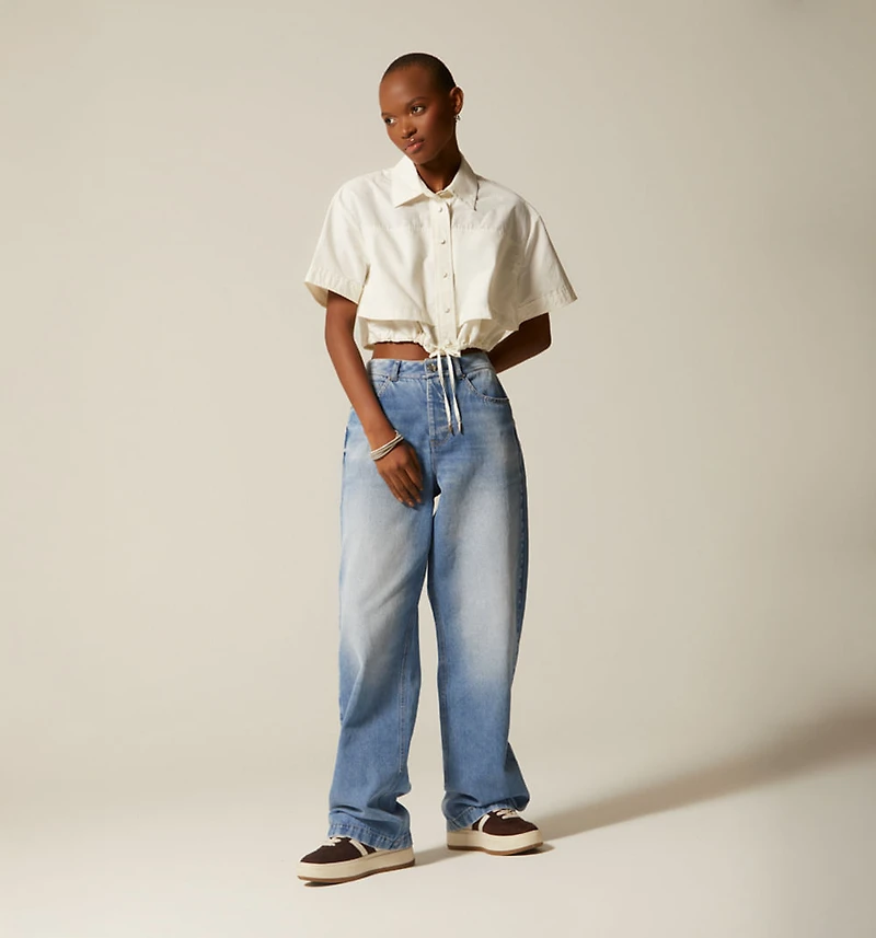 SHORT SLEEVE BLOUSE WITH DRAWSTRING WAIST