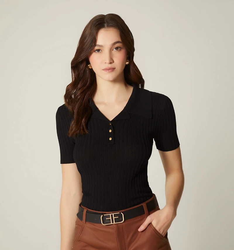 SHORT SLEEVE POLO COLLAR BLOUSE