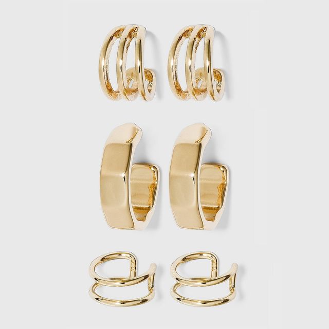 Ear Cuff and Hoop Earring Set 3pc - A New Day Gold