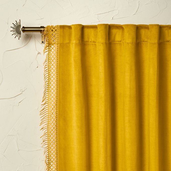 1pc 54x84 Light Filtering Velvet Macrame Trim Window Curtain Panel Gold - Opalhouse designed with Jungalow
