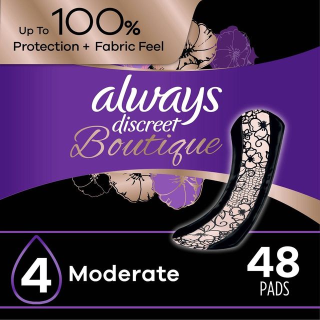 Always Discreet Boutique Incontinence and Postpartum Incontinence Pads - Moderate Absorbency - Regular Length - 48ct