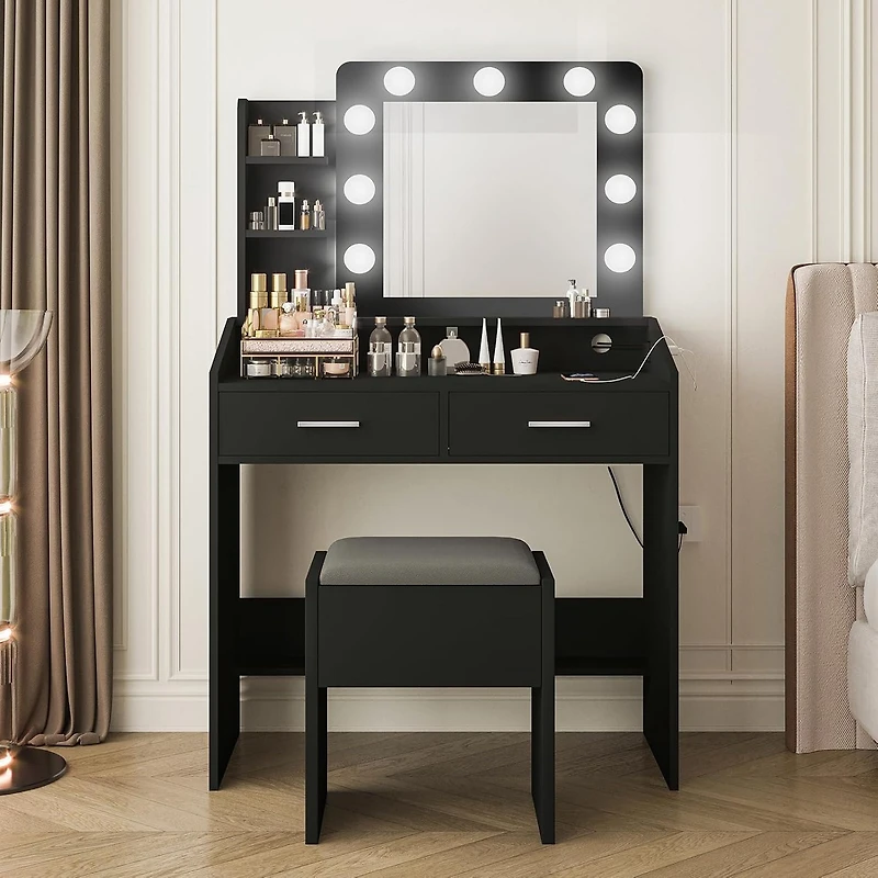 ruffle hem dress black Adeline Makeup Vanity Table with LED Mirror in Black – Luxo Living main image 0