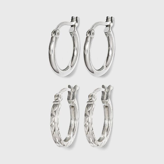 Womens Sterling Silver Tube and Square Cut Hoop Earring Set 2pc - A New Day Silver