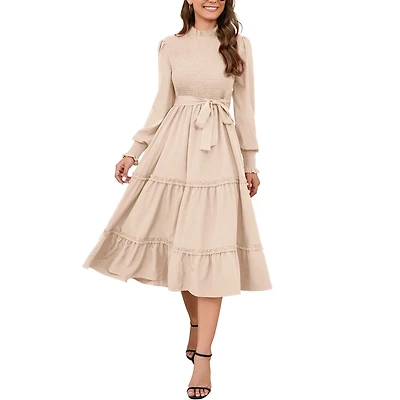 mock neck gathered sleeve layered ruffle detail dress Mock Neck Long Sleeve Pleated Waist Tiered Ruffle Mini Dress