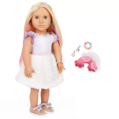 strapless open back dress Our Generation 18" Doll with Pink Dress & Rainbow Pajama Outfit