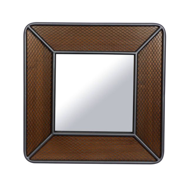 Wood Handmade Wall Mirror with Metal Netting Frame Brown