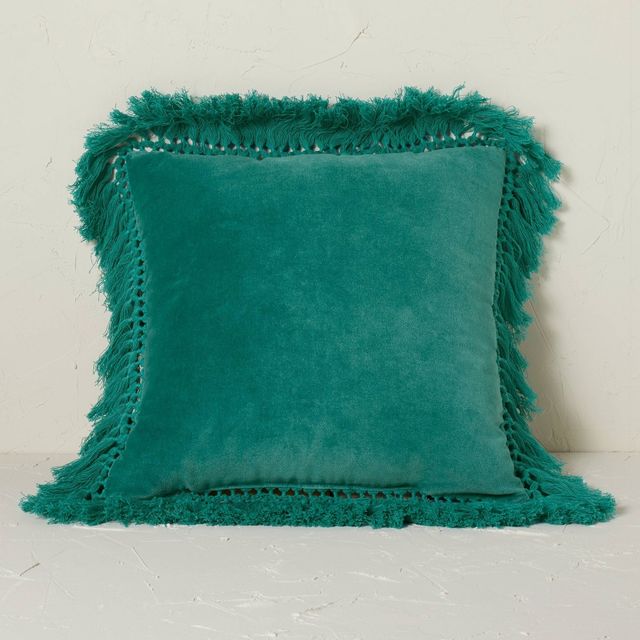 Square Velvet Fringe Decorative Throw Pillow Teal - Opalhouse designed with Jungalow